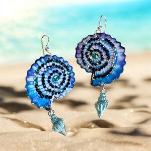 Swirled seashell handpainted earrings light w crystals and shell charm OOAK